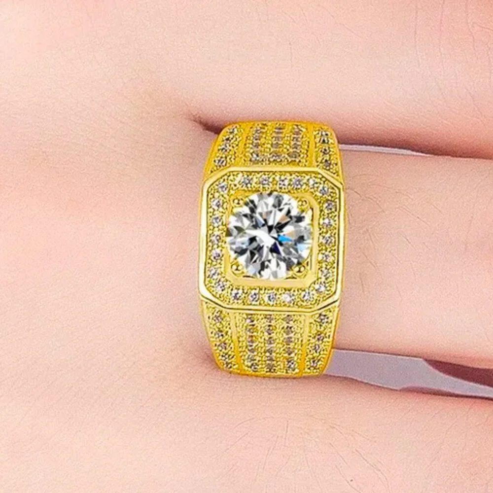 Big 2.50 Ctw. Men's Micro Pave Diamond Ring 18K. Yellow Gold Pltd.